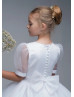 Beaded Short Sleeves White Organza Tea Length Flower Girl Dress